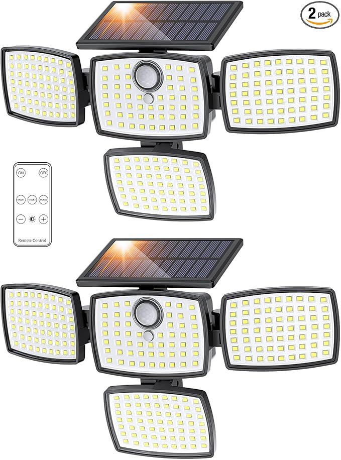Onforu Solar Lights Outdoor 3000LM 4 Heads Motion Sensor Outdoor Lights, Remote Control, 3 Mode, Solar Security Wall Lights, IP65 Waterproof Flood Lights, Garden, Backyard, 2 Pack