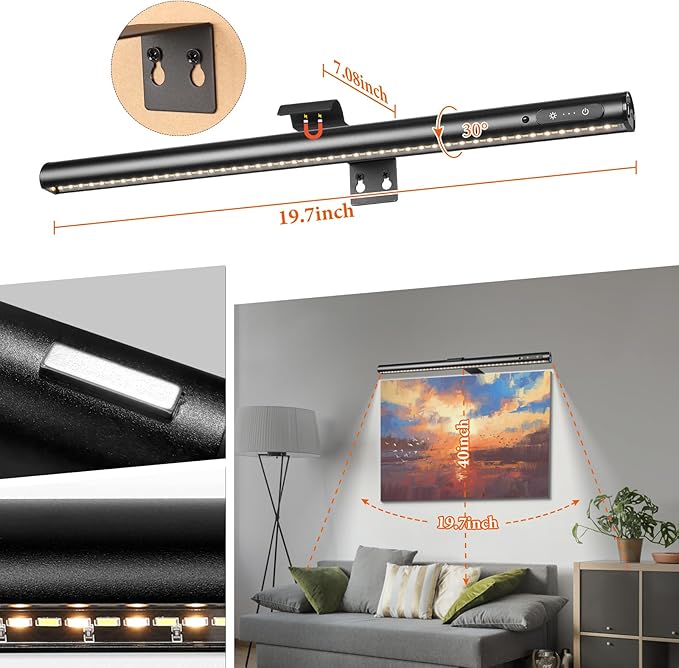 Wireless Picture Light, Battery Operated LED Painting Lights with Remote Control, Dimmable, Timer for Art Frame (Black-19.7inch)