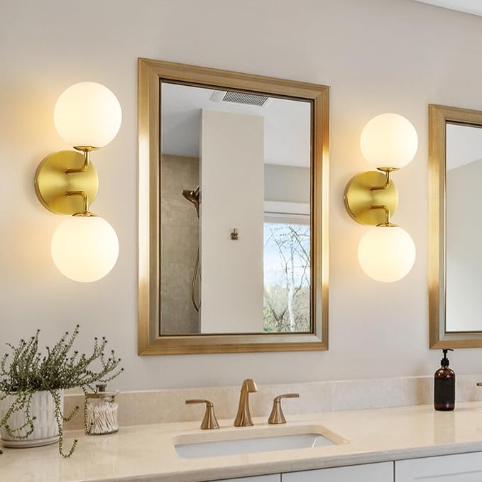 Yunnix Wall Sconce Set of Two Gold Wall Vanity Light Modern Globe Wall Sconces Light Mid Century Wall Sconce 2 Light for Bathroom Mirror Living Room Bedside Living Room Bedroom(Bulbs Not Included)
