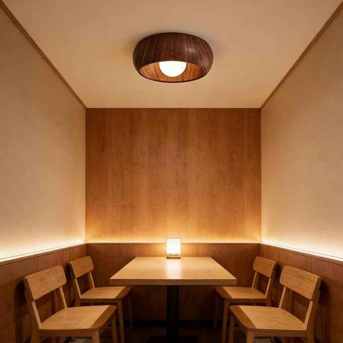 Modern Wood Grain Flush Mount Ceiling Light, Round Wabi-Sabi Style Ceiling Lamp, Minimalist Metal and Glass Fixture for Hallway, Entryway, Balcony, Japanese Decor Light(Dark Wood)