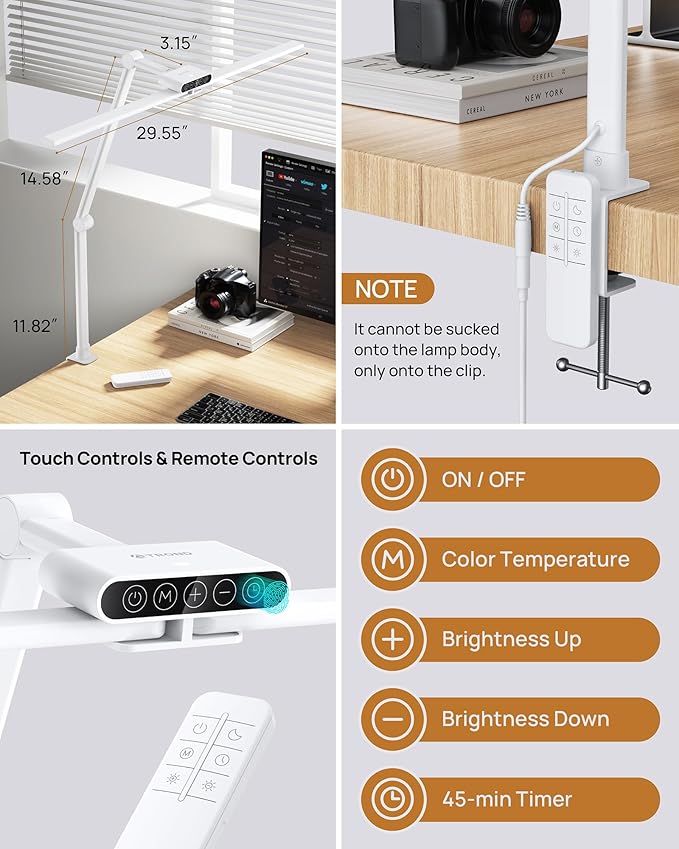 TROND LED Desk Lamp with Clamp, 29.55'' Tall Desk Light with Remote, 1500LM Bright Table Lamp, Swing Arm Clip on Light, Eye-Caring, Touch Control Dimmable for Home Office Monitor Reading Study Task - Aura Lighting