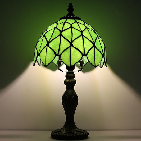 Tiffany Style Lamp Stained Glass Table Lamp 8 x 14.5 Mini Accent Light Green Maple Leaf Design Small Decorative Bedside Reading Memory Lamp