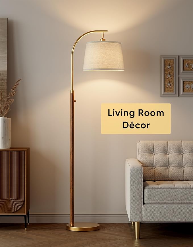 Dimmable Floor Lamp for Living Room, 65" Tall Metal Standing Lamp with LED Bulb, Mid Century Modern Arc Floor Lamp with Linen Shade for Bedroom, Reading Room, Office & Nursery, Gold and Walnut Color