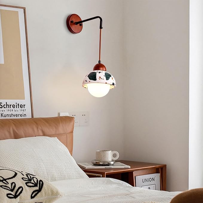Mid Century Modern Hanging Wall Lamp, Wabi Sabi Terrazzo Wall Sconce, Handmade Natural Stone Wall Light Fixture, Adjustable Height, for Bedside Bedroom Living Room Hallway(A)