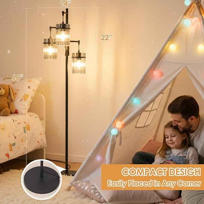 Industrial Floor Lamps for Living Room, Dimmable Floor Lamp Modern Standing Lamps with Glass Lampshade, Rotary Switch, LED Bulbs, Tall Lamps for Bedroom, Office (3 Lampshades(66inch))