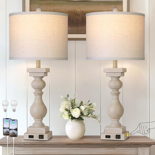 28" Tall Farmhouse Table Lamps Set of 2 with USB A+C Ports and AC Outlet, 3 Way Touch Rustic Bedside Lamps for Living Room, Beige Vintage Lamps for Bedroom