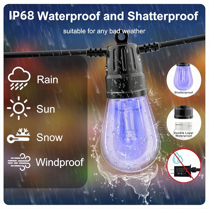 String Lights for Outside,49FT Outdoor String RGB Patio Lights with Waterproof 15 Bulbs,String Lights Patio with App & Remote, Color Changing String Light for Garden Yard Porch Party Decor