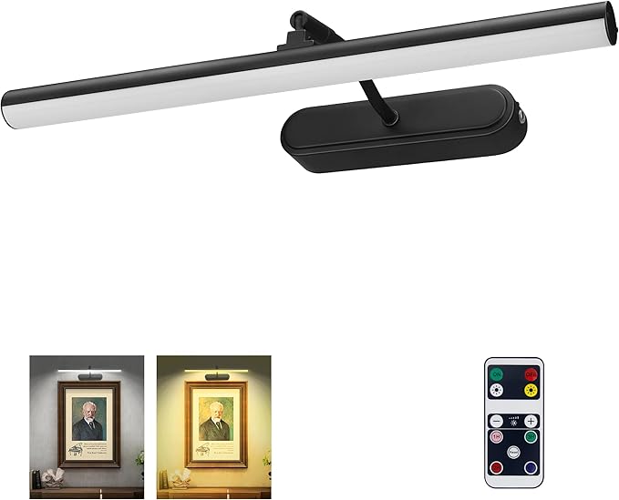Picture Light,3AA Battery Wall Lights,Wireless Art Lights for Paintings,Remote Control Accent Light with Timer and Dimmable for Frame,Portrait,Mirror-Black