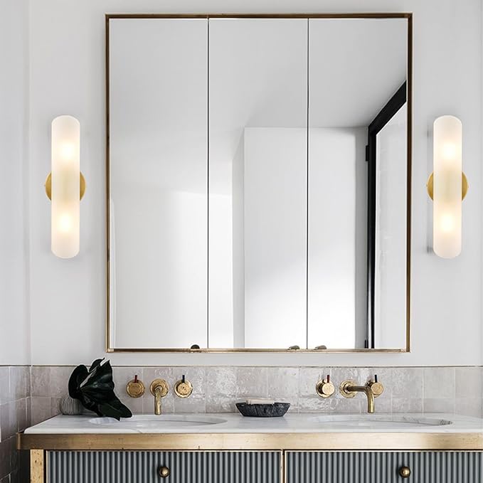 DAYCENT Modern Brass Wall Sconces Set of Two Frosted Glass Wall Light Fixture 2-Light Cylinder Bathroom Vanity Lights Gold Glass Sconces Wall Lighting for Hallway Bedroom Staircase - Aura Lighting