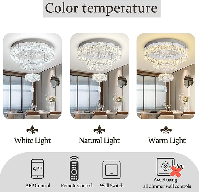Flashing God Dia 20" Modern Crystal Chandelier for Dining Room Silver Ceiling Chandelier Flush Mount Ceiling Light for Living Room Bedroom Hallway LED Light Fixture Dimmable with Remote