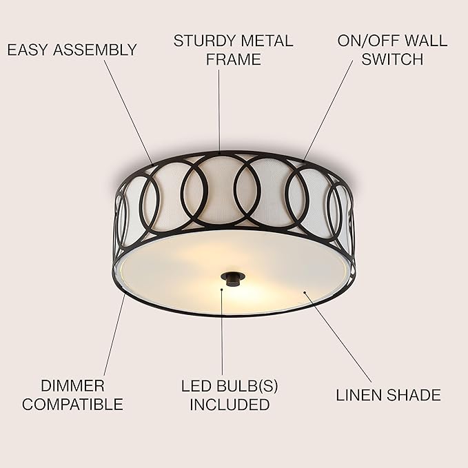 JONATHAN Y 12.25" Oil Rubbed Bronze Modern Metal LED Flush Mount Ceiling Light for Bedroom Hallway, White Linen Drum Shade with Geometric Fretwork, LED Bulbs Included (JYL3502C)