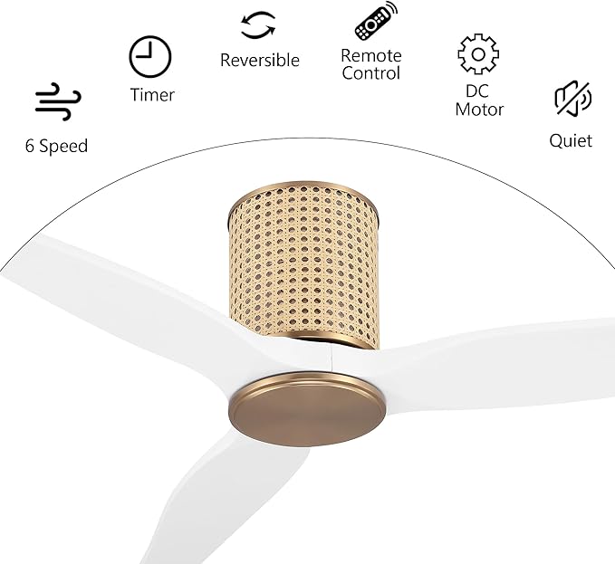 48" Ceiling Fan No Light - Low Profile Flush Mount Ceiling Fan, 6-Speed Remote Control, Solid Wood, Quiet Reversible DC Motor, White/Gold Finish, for Bedroom, Living Room, Porch - Aura Lighting