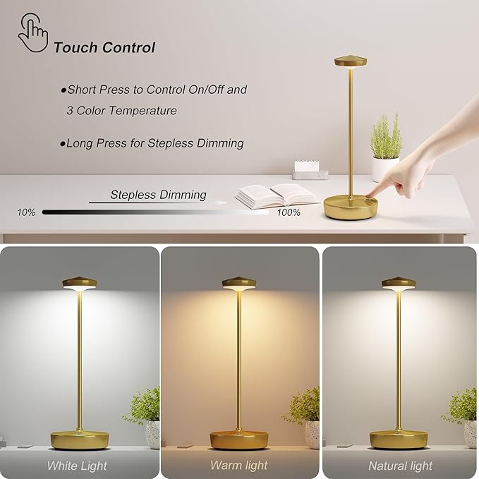 1 Pack Cordless Table Lamp Rechargeable - LED Battery Table Light with 3 Color Temperatures, Stepless Dimming, Waterproof Aluminum for Indoor Outdoor, Patio, Restaurant, Dinner (Brushed Gold)
