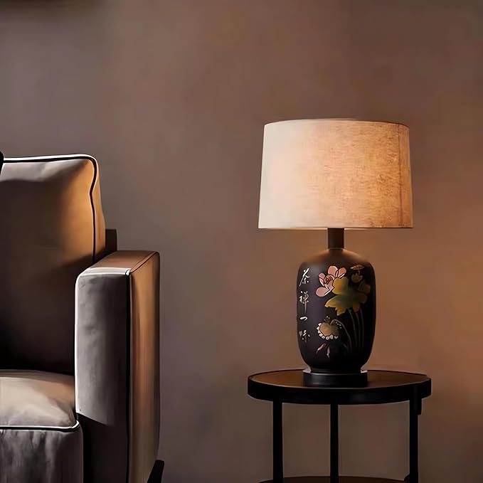Jianshui Pottery Table Lamp with Lotus & Calligraphy Design, New Chinese Style Ceramic Lamp with Fabric Shade, 26.77” Tall, Soft Warm Light for Living Room, Bedroom, Guest Room & Reception Area