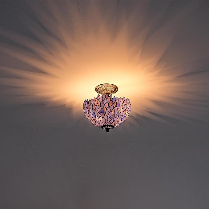 Wisteria Style Tiffany Ceiling Light Fixture Stained Glass Semi Flush Mount Lamp Wide 12 Inch Height 11 Inch Vintage Inspired Lighting Statement for Bedroom Hallway Entryway (Deep Blue)