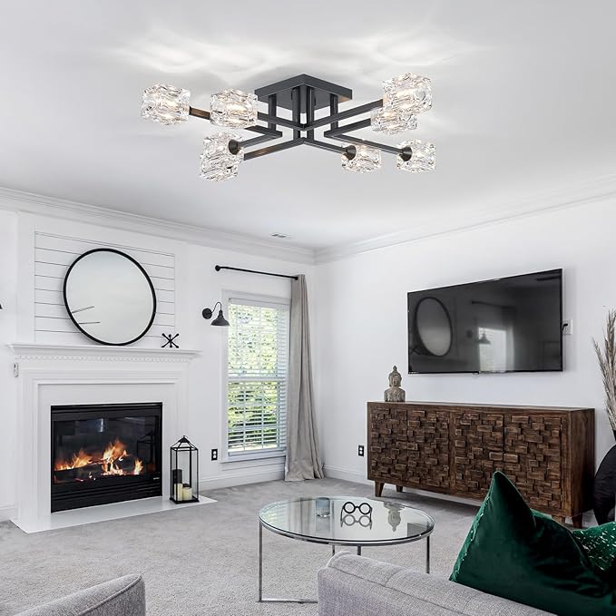 XINGQI Black Modern Sputnik Chandelier Semi Flush Mount Ceiling Light Glass 8-Lights Farmhouse Lighting Fixtures for Dining Room Living Room Kitchen Bedroom