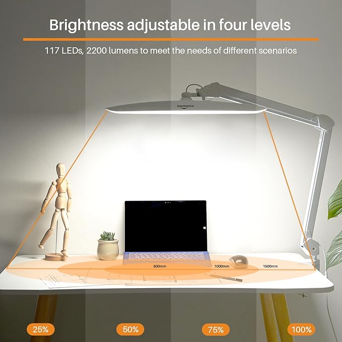 117PCS LED Clamp Desk Lamp, 20 Inch Metal Swivel Arm with Protective Casing, 2200 Lumens, Dimmable Task Lamp for Reading, Office Work, Sewing, Study, and Crafts(White) - Aura Lighting