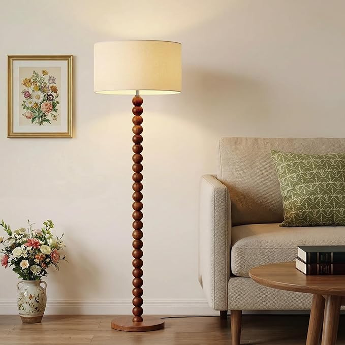 Buruis 61" Beaded Wood Floor Lamp with 17.2" Large Linen Shade, UL Listed, Retro Mid-Century Accent Walnut Finish Standing Lamp for Living Room, Bedroom, Office, Corner, Bulb Not Included, Beige