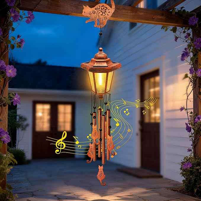 Large Solar Cat Wind Chimes, Gifts for Women Mom Grandma Wife Sister Daughter Neighbor Nana, Classic Bronze Wind Chimes With Wind Catcher, Solar Decor Lights For Outdoor Garden Patio Yard Porch Window