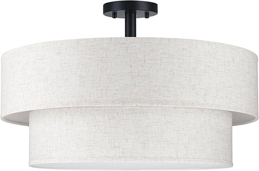 2-Tier 22" Cream Drum Fabric 5 Light Black Semi Flush Mount Ceiling Light for Living Room Dining Room Bedroom Hallway - Aura Lighting