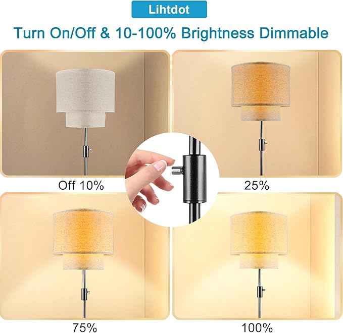 Lightdot 67IN LED Floor Lamp for Living Room, LED Standing Floor Lamps with Double Fabric Shade, E26 Bulb Included, Vintage Corner Lighting, Mid Century Floor Lamp for Bedroom Home Office-Black