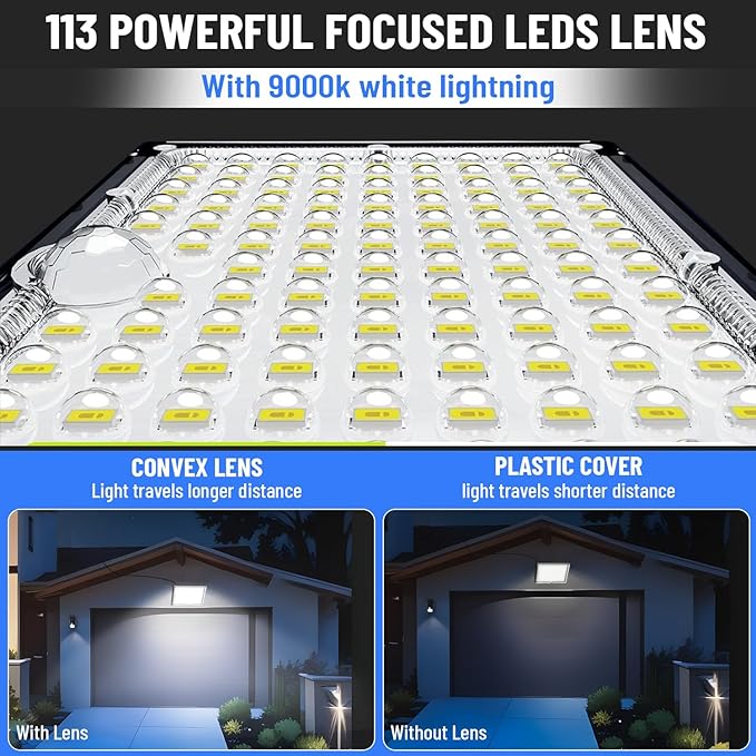 113 LED Solar Motion Light with 9000K Cool White, IP65 Waterproof, 5M Wire, Wide-Angle PIR Sensor, auto on/Off, Easy Install, Perfect for Yard, Patio, Porch, Wall, and Garden. 2-Year Warranty. - Aura Lighting