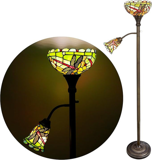 Tiffany Floor Lamp Torchiere with Side Nightlight Green Red Stained Glass Dragonfly Style Reading Light 10X10X71 Inches Pole Standing Corner Torch Uplight Decor Bedroom Living Room Home