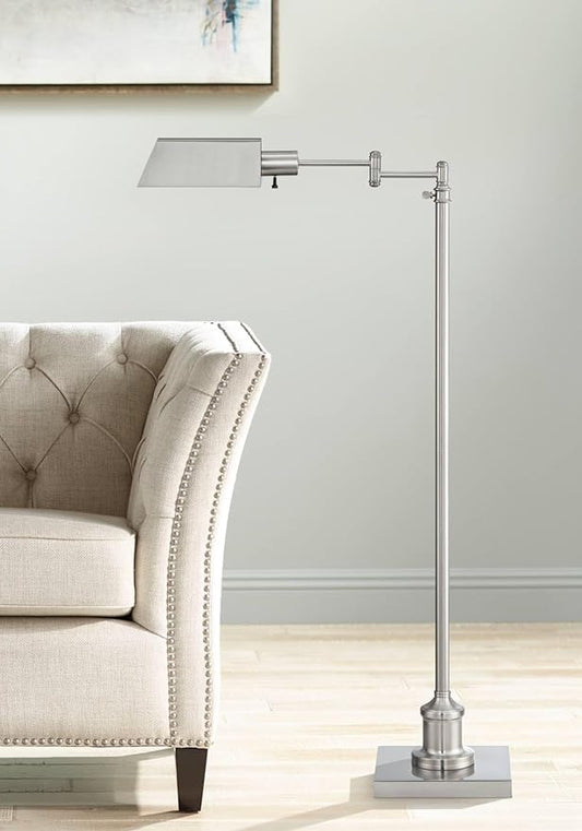 Regency Hill Jenson Industrial Farmhouse Adjustable Swing Arm Pharmacy Lamps Floor Standing with USB Charging Port 54" Tall Brushed Nickel Decor for Living Room Reading House Bedroom Home Office