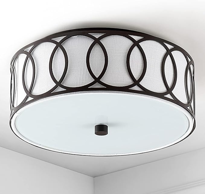 JONATHAN Y 12.25" Oil Rubbed Bronze Modern Metal LED Flush Mount Ceiling Light for Bedroom Hallway, White Linen Drum Shade with Geometric Fretwork, LED Bulbs Included (JYL3502C)