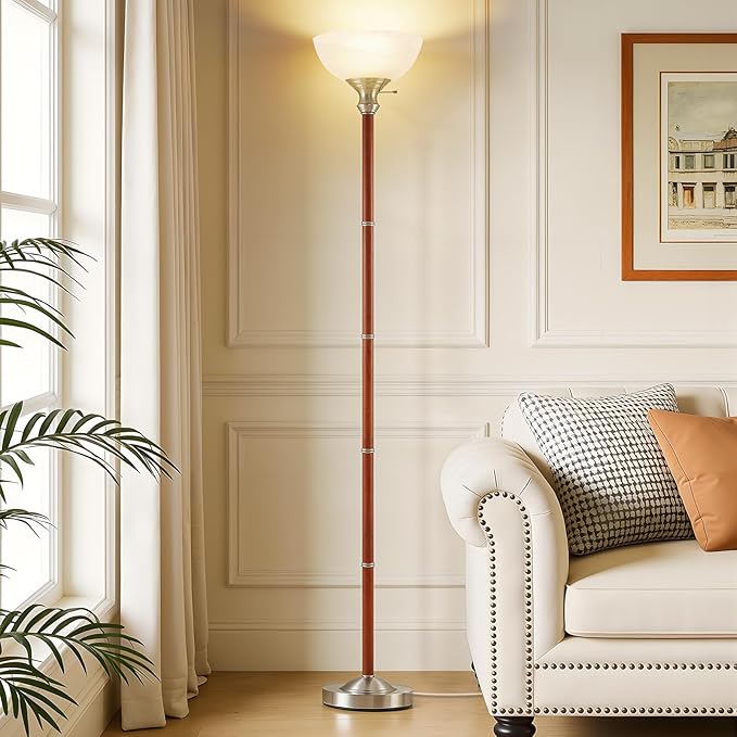 EJIAXIN Wood Floor Lamp for Living Room - Brushed Nikel Torchiere Floor Lamps for Bedroom Standing Lamp with Glass Shade - Mid Century Modern Corner Tall Lamps for Home Office Nursery Reading Light