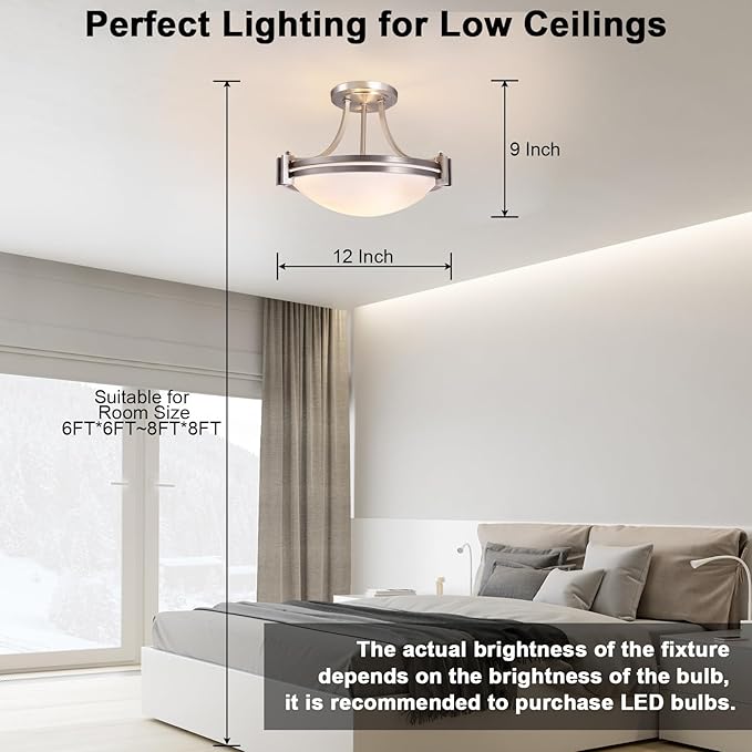 Bektas Semi Flush Mount Ceiling Light Fixture,12inch Brushed Nickel Flush Mount Ceiling Light with Milk Glass for Bedroom,Kitchen,Bathroom,Hallway,Foyer,Dinning Room(2-Lights)