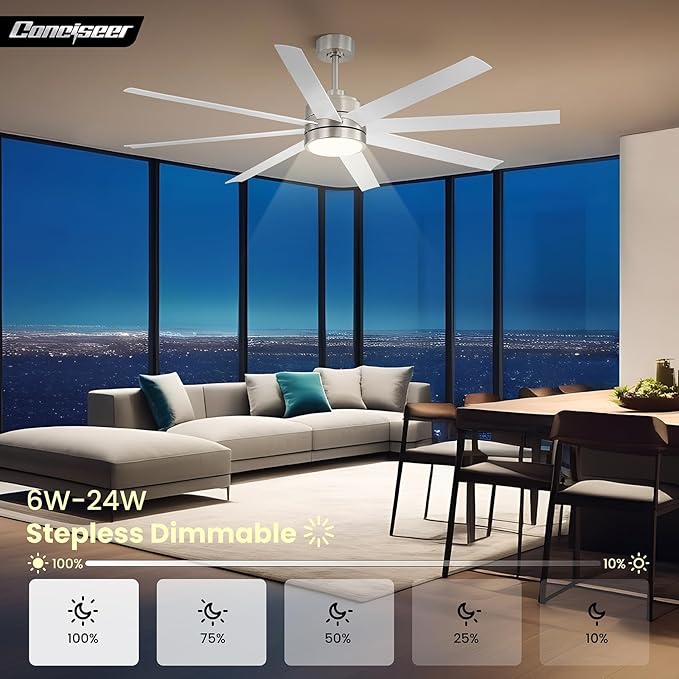 65 Inch Ceiling Fans with Lights and Remote for Bedroom Living Room Kitchen Office, Indoor/Outdoor Use, 3CCT Dimmable, 8 Blades 6 Speed Reversible Quiet DC Motor, Sand-nickel/White