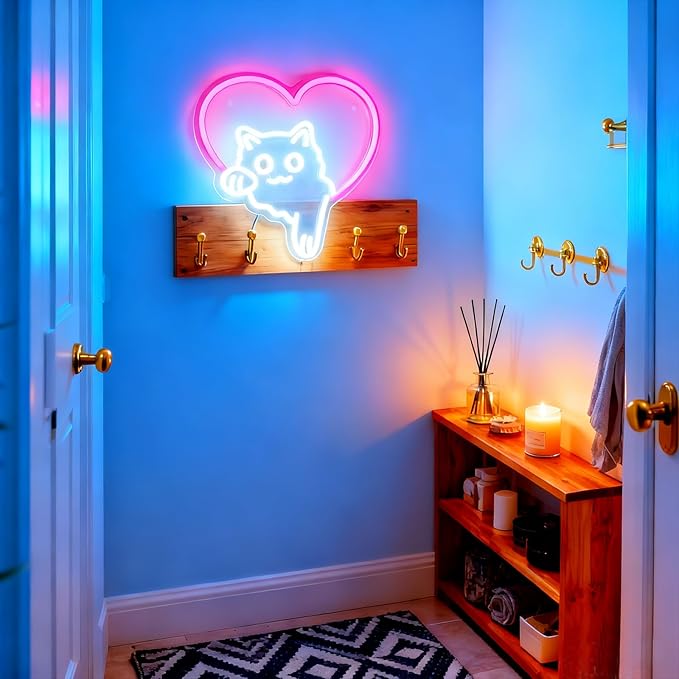 Cat Neon Sign Cute Pink Heart Cat LED Lights, Dimmable Animal Neon Sign for Wall Decor, Cat Lover Gift, Bedroom Wall Art, Living Room, Game Room, Pet Shop, Kawaii Home Accent(12.91 × 13.11 in)