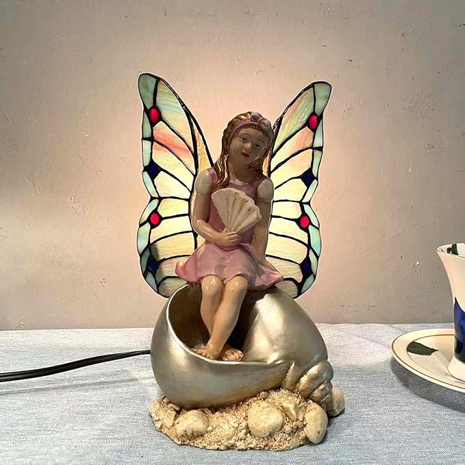 Bieye L10881 Butterfly Girl Sitting on Sea Snail Shell Tiffany Style Stained Glass Accent Table Lamp Night Light for Home Decoration