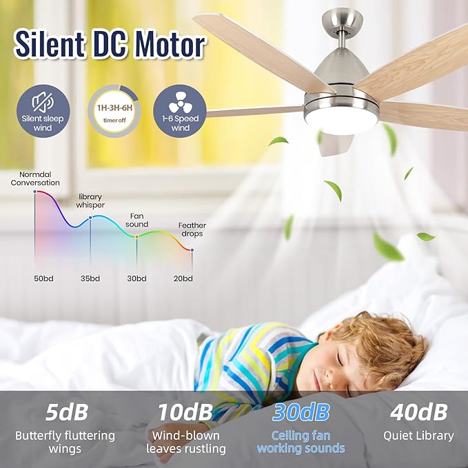 Smart Ceiling Fan with Light, Modern Nickel 52-Inch Outdoor Ceiling Fan and Remote/App, Dimmable Tri-Color LED and Reversible Motor for Indoor Bedroom/Outdoor Covered Patio - Aura Lighting