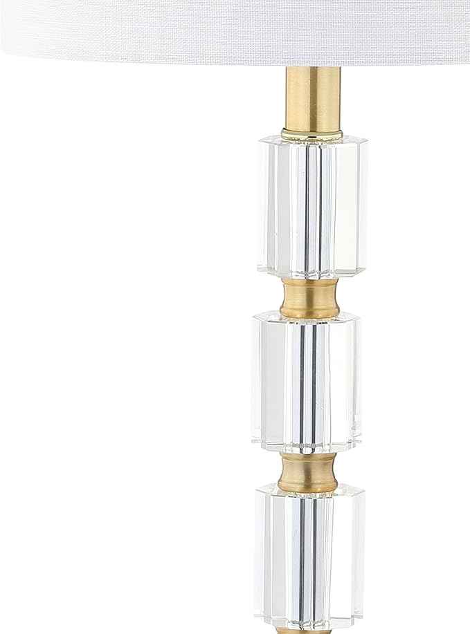 JONATHAN Y 28.5" Clear and Brass Gold Crystal Table Lamp Set of 2, Modern Glam Geometric Bedside Lamps for Living Room, White Linen Drum Shade, UL Listed, LED Bulbs Included JYL5001A-SET2