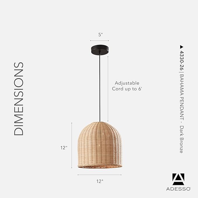 Adesso Dark Bronze Ceiling Pendant with Natural Rattan Shade – Adjustable Hanging Length, Ambient Accent Lighting for Kitchen, Living Room or Home Office