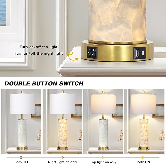 29" Coastal Seashell Table Lamp for Living Room Set of 2, Bedroom, Bedside Nightstand Lamp with Night Light, Seashell Lamp with USB A+C Ports Cottage Beach House Accent Lamp, LED Bulb Included(Gold)