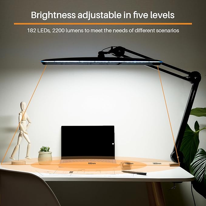 Task Lamp with Clamp, 23 Inch Lamp Head, Bright 182PCS LEDs,5 Color Temperatures, 5 Brightness Levels, Metal Swing Arm 24W 2200 Lumen Dimmable Led Desk Lamp (Black, CCT)