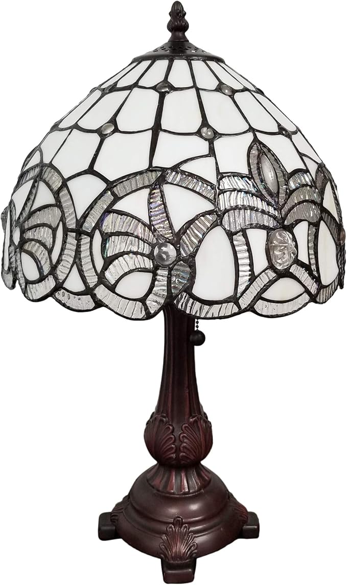 Tiffany Style Table Lamp Banker 19" Tall Stained Glass White Mahogany Elegant Floral Vintage Antique Light Décor Living Room Nightstand Bedroom Handmade Gift AM281TL12B Amora Lighting