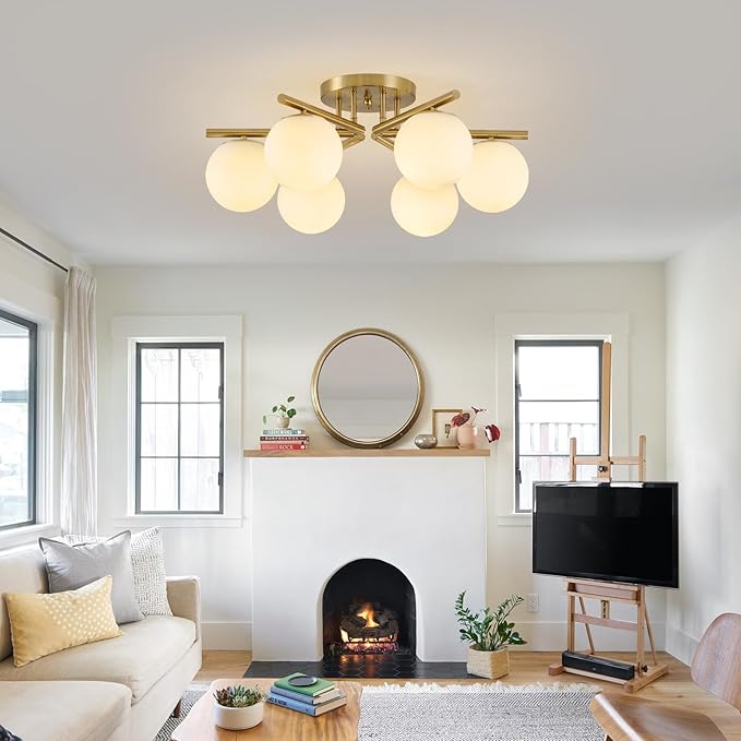 6 Lights Sputnik Ceiling Light Fixture,Semi Flush Mount Ceiling Light Sputnik with Milk Glass Globe, Brushed Brass Chandelier for Living Room, 25.98‘’ Large Mid Century Modern Fixture