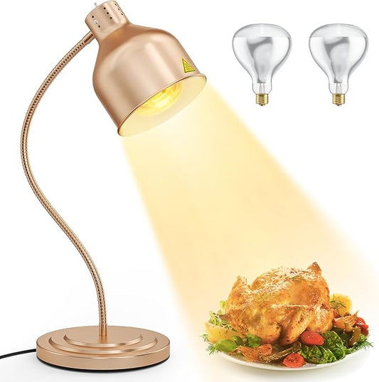 Food Heat Lamp, Single Head 250W Stainless Steel Commercial Food Warmer Lamp with 2 Bulbs, 360° Adjustable Portable Electric Warming Light for Restaurant Kitchen Buffet Counter Party Catering