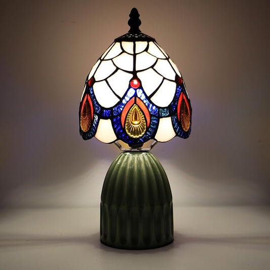 Tiffany Lamp Stained Glass Mushroom Table Lamps 6X6X12.5 Inch Pink Peacock Tail Style Small Night Light Ceramic Base Mini Accent Desk Light Suitable for Bedside Table Bedroom Children Room