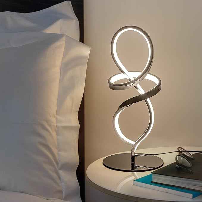 Mayful Modern Lamp with LED Spiral Design, Bedside Lamp with Stepless Dimming Switch, Contemporary Nightstand & Chrome Table Lamp for Bedroom, Living Room, Home Office, 12W 3200K Warm White,2 Pack
