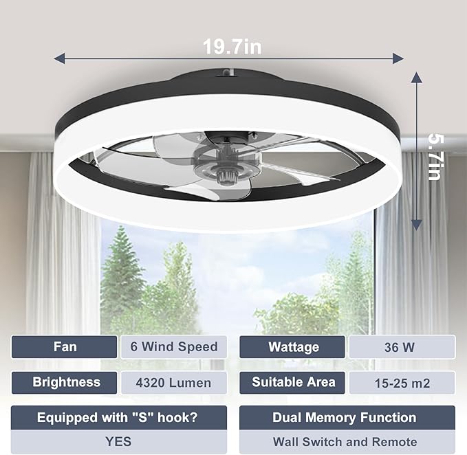 VOLISUN Low Profile Ceiling Fans with Lights and Remote, Fandelier Ceiling Fan Flush Mount, 3000K-6500K Smart Bladeless LED Fan Light, Black Modern Ceiling Fans with Lights for Bedroom - Aura Lighting