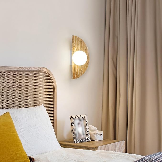 Japanese Style Wabi-Sabi Art Lighting Fixture, Half Moon Semi Circle Yellow Travertine Wall Lamp with Glass Shade, Nordic Modern Marble Wall Sconce for Bedroom Living Room Hallway Entryway
