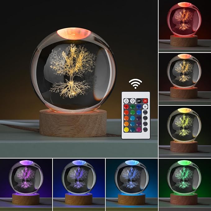 Large 3D Tree Night Light Crystal Ball, Spiritual Gifts for Women Crystal Lamp 16 Color Changing with Remote Control for Bedroom Decor, Spiritual Decor Tree Figurines