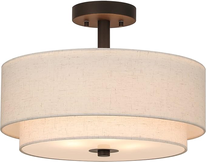XiNBEi Lighting Drum Semi Flush Light, 3 Light Semi Flush Mount Ceiling Light Fixture with Fabric Shade Modern Close to Ceiling Light for Bedroom & Living Room Dark Bronze Finish XB-SF1289-DB - Aura Lighting