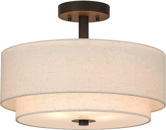XiNBEi Lighting Drum Semi Flush Light, 3 Light Semi Flush Mount Ceiling Light Fixture with Fabric Shade Modern Close to Ceiling Light for Bedroom & Living Room Dark Bronze Finish XB-SF1289-DB - Aura Lighting