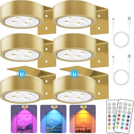 13 RGB Color Changing Led Art Display Light for Picture Frame,Rechargeable Battery Operated Led Painting Light with Remote Control Dimmable & Timer,6Pack Gold